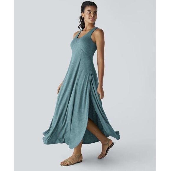 Halara Dresses & Skirts - Halara U Neck Dress Sleeveless Stretchy Flowy Maxi Green Athleisure Lagenlook L